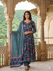 Jaitpuriya Blue And Pink Pure Cotton Anarkali Tierd Kurta Set