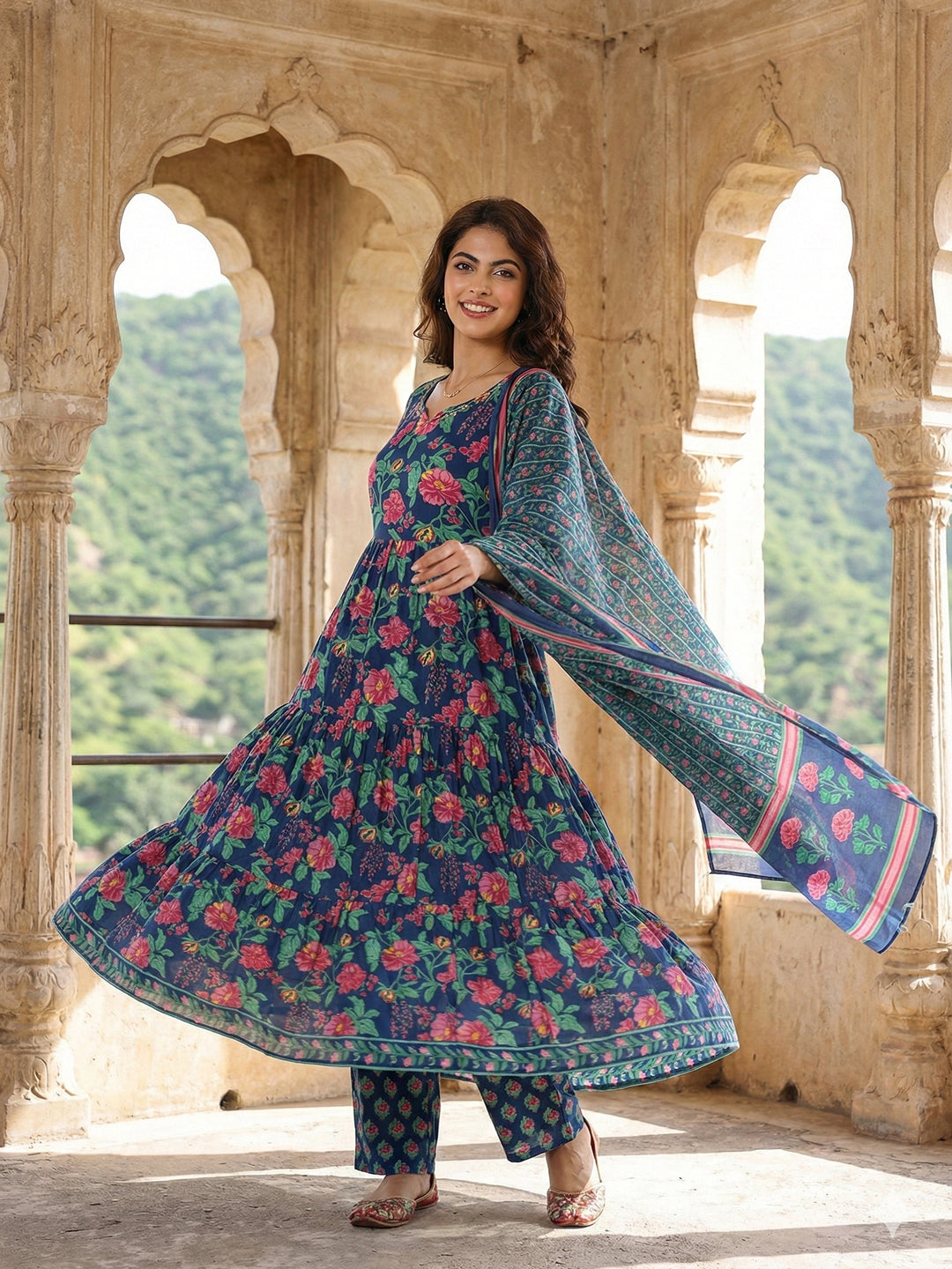 Jaitpuriya Blue And Pink Pure Cotton Anarkali Tierd Kurta Set