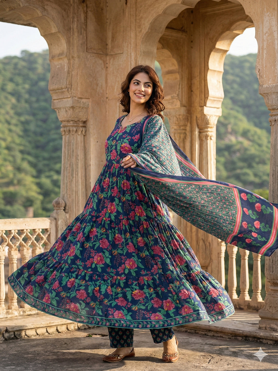 Jaitpuriya Blue And Pink Pure Cotton Anarkali Tierd Kurta Set