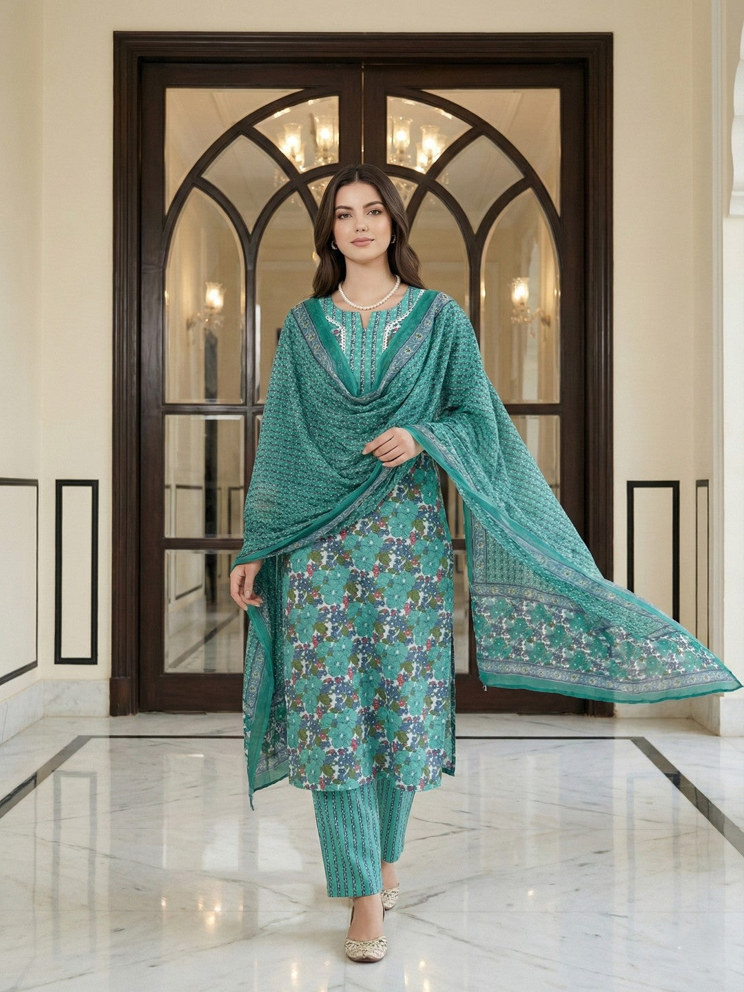 Jaitpuriya Teal Green aND White Pure Cotton Straight Regular Kurta Set
