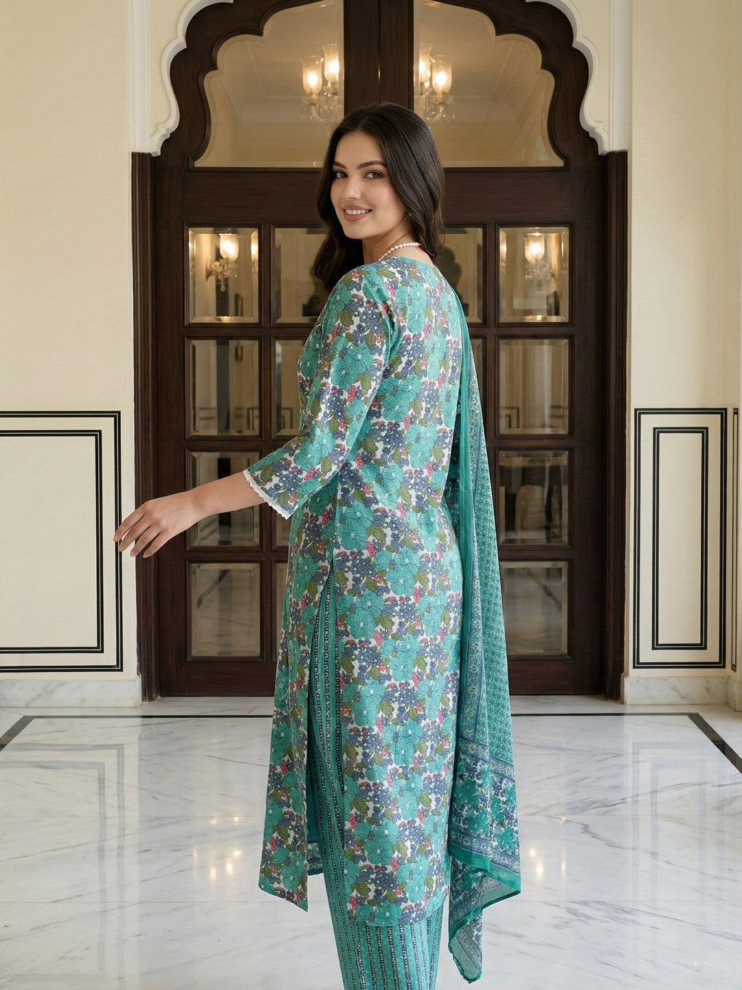 Jaitpuriya Teal Green aND White Pure Cotton Straight Regular Kurta Set