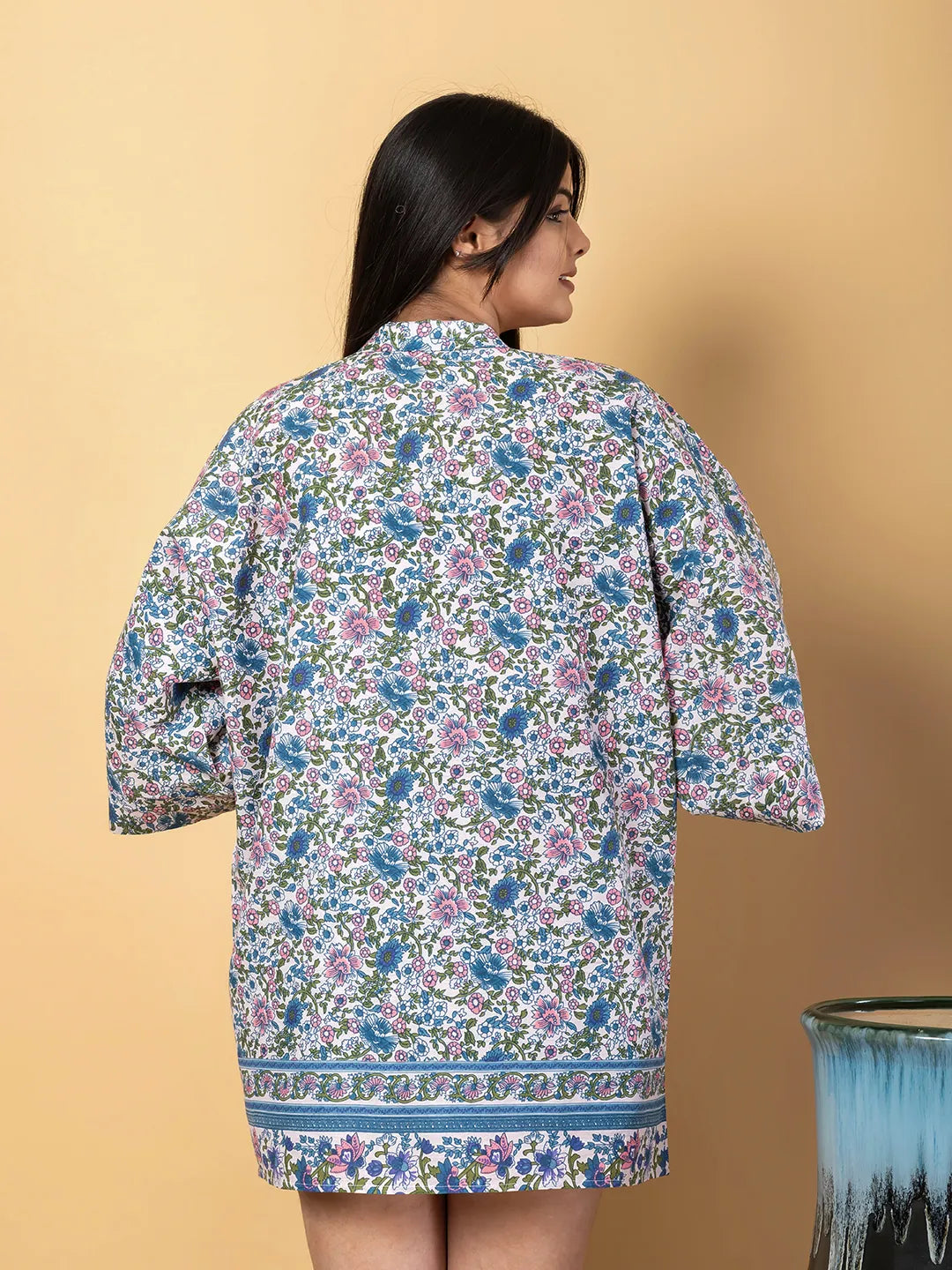 Jaitpuriya Women Cream And Blue Cotton Top Co-Orde