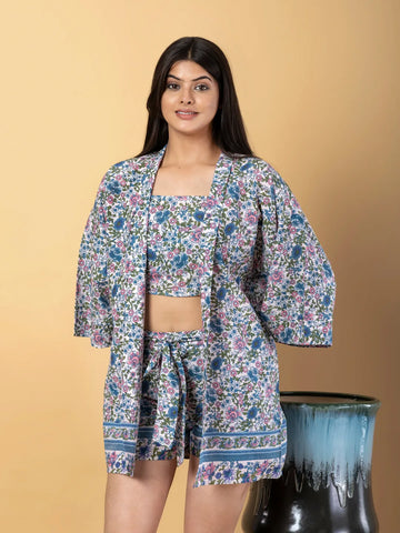 Jaitpuriya Women Cream And Blue Cotton Top Co-Orde