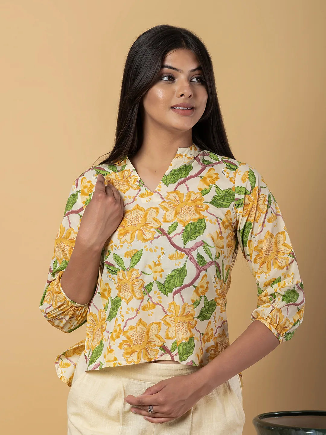 Jaitpuriya Women Yellow Cotton Top Co-Orde