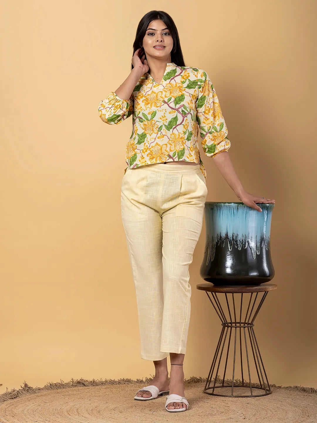 Jaitpuriya Women Yellow Cotton Top Co-Orde