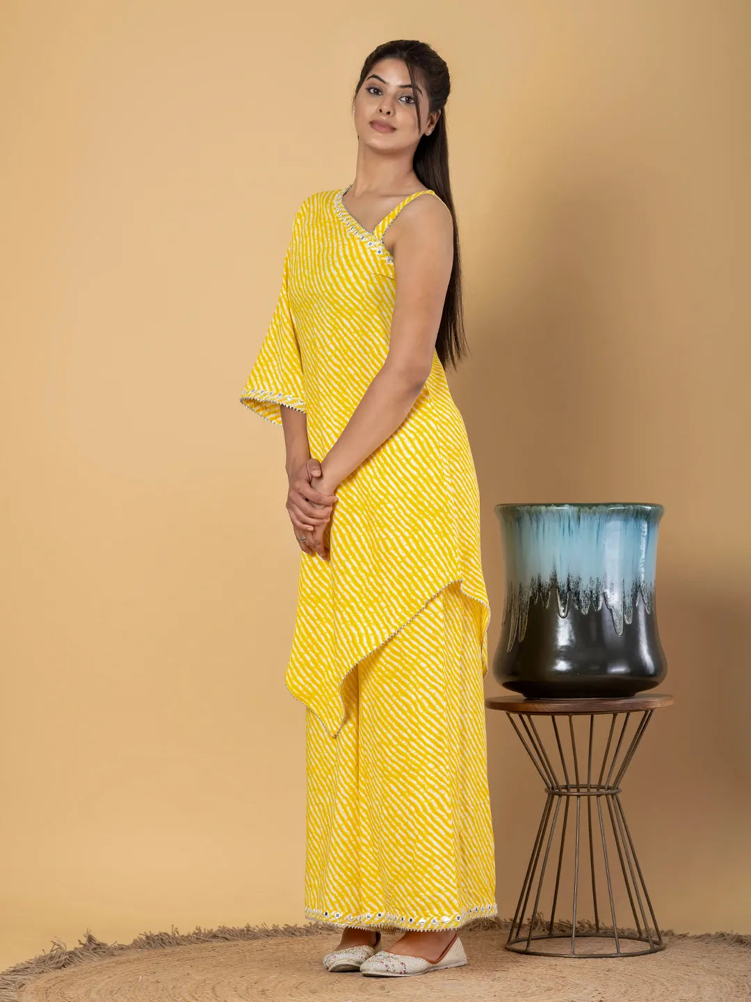 Jaitpuriya Women Yellow Cotton Tunic Co-Orde