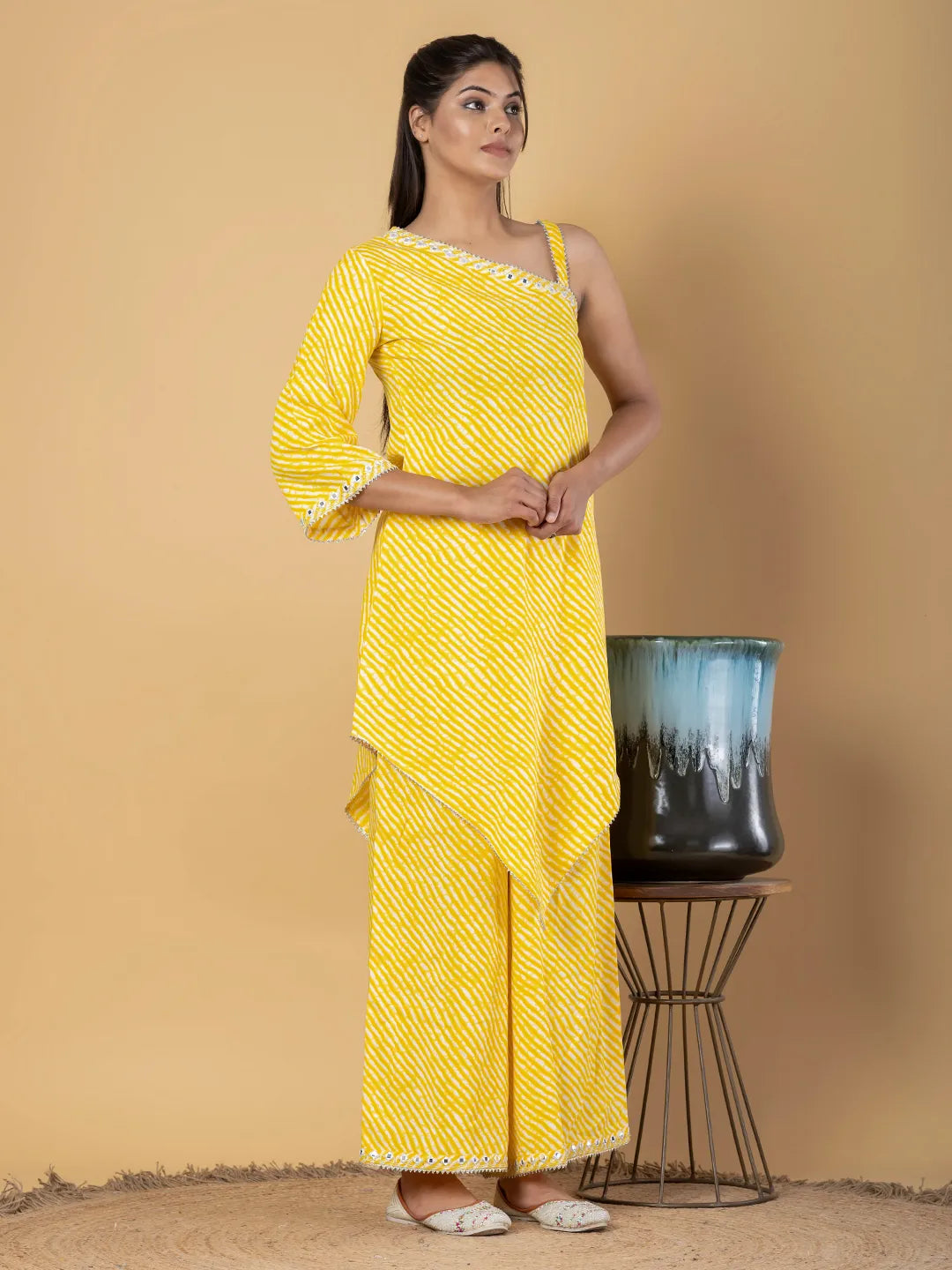 Jaitpuriya Women Yellow Cotton Tunic Co-Orde