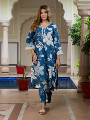 Jaitpuriya Women Blue And White Pure Cotton Tunic Co-ord set