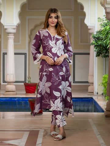 Jaitpuriya Women Purple And White Pure Cotton Tunic Co-ord set