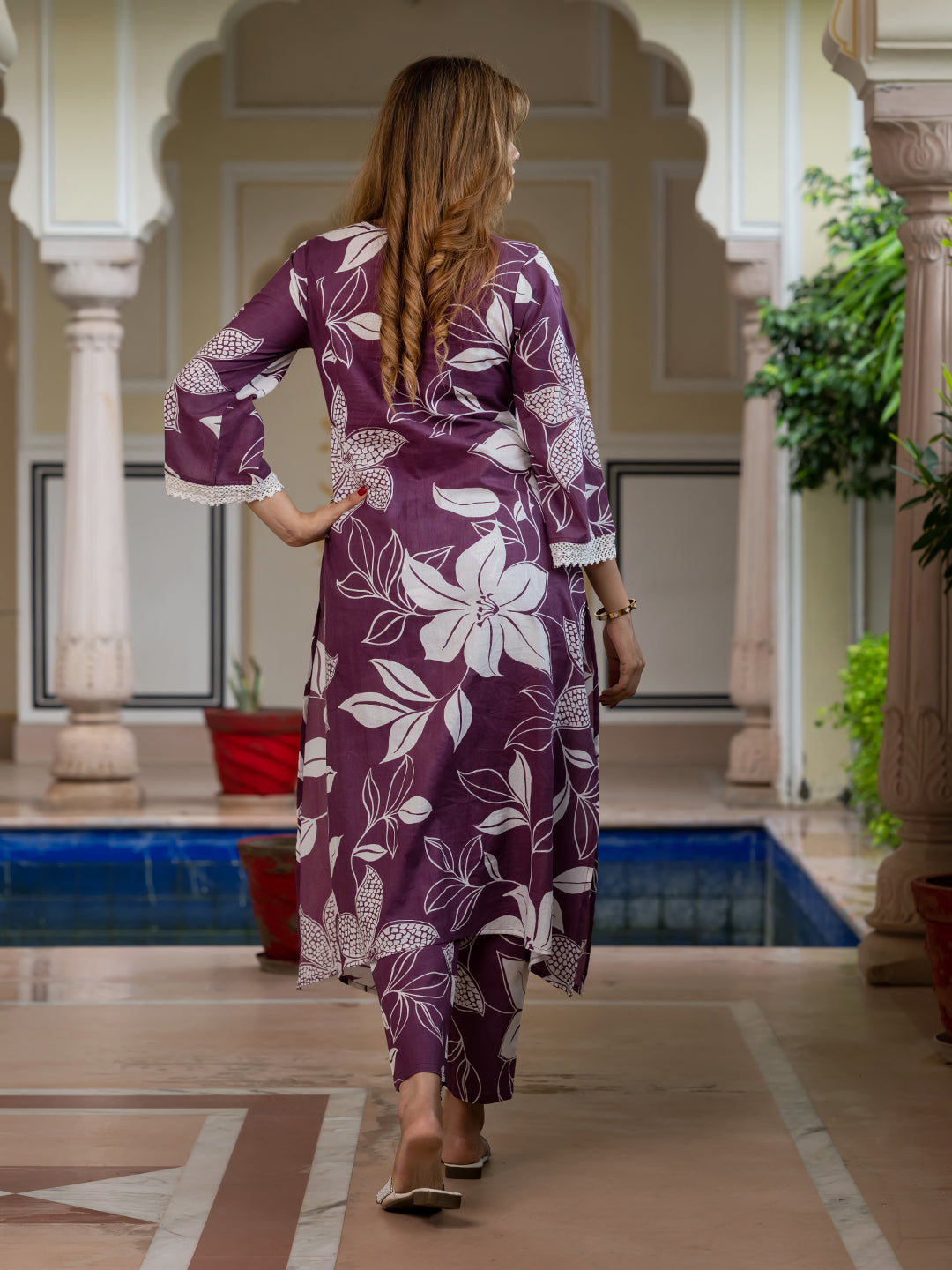 Jaitpuriya Women Purple And White Pure Cotton Tunic Co-ord set
