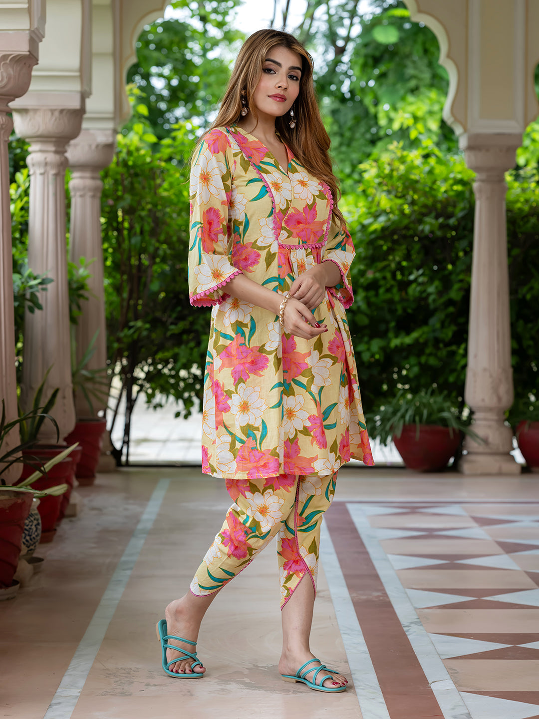 Jaitpuriya Women Yellow Pure Cotton A-Line(Tunic) Co-ord set