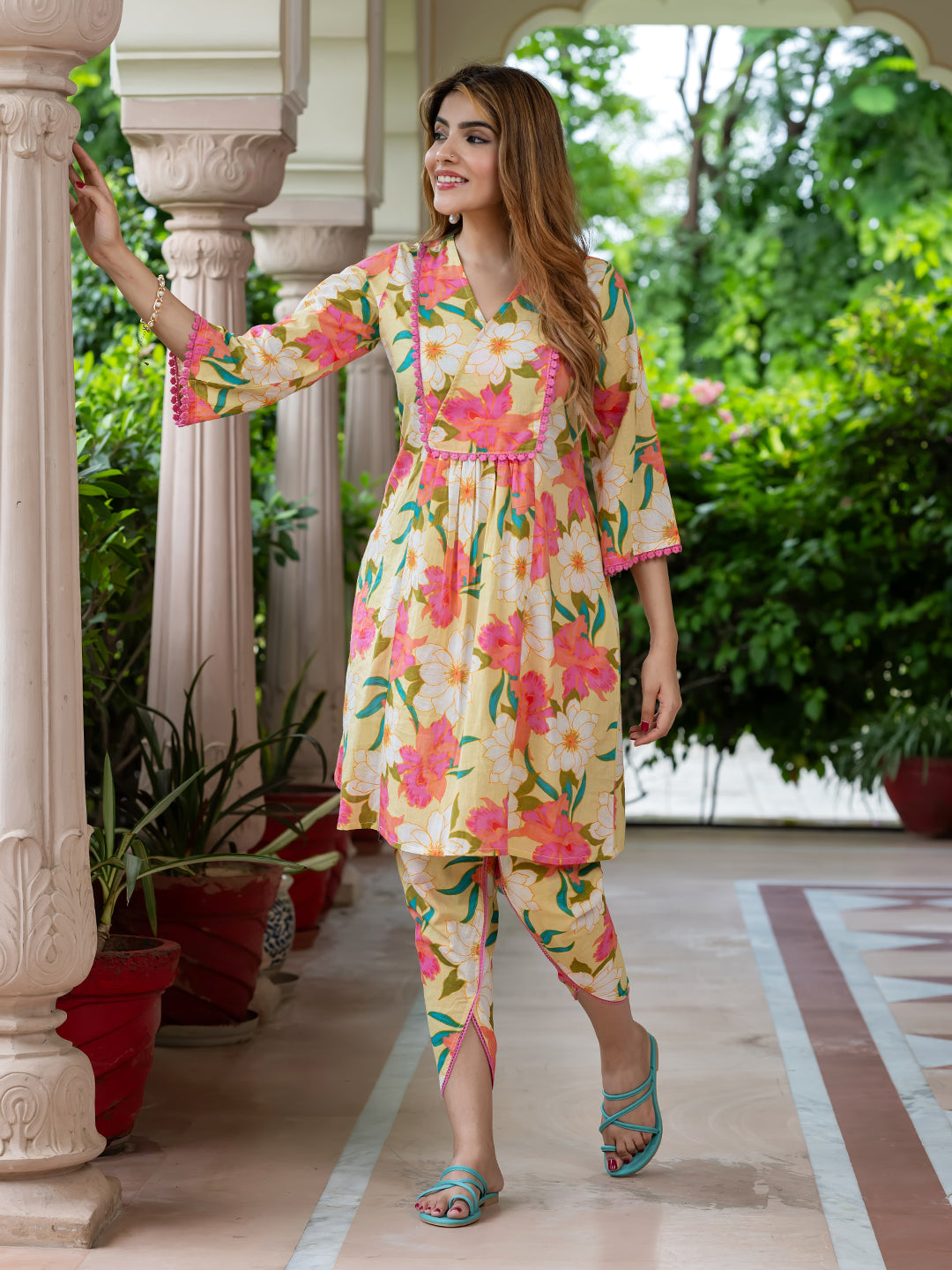 Jaitpuriya Women Yellow Pure Cotton A-Line(Tunic) Co-ord set
