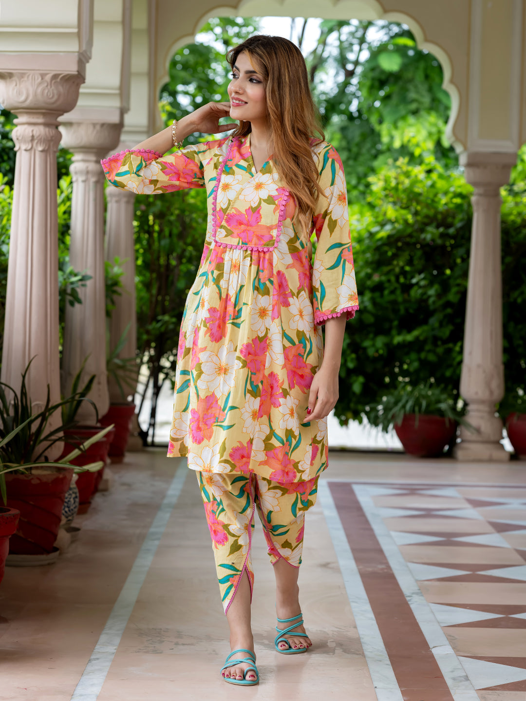 Jaitpuriya Women Yellow Pure Cotton A-Line(Tunic) Co-ord set