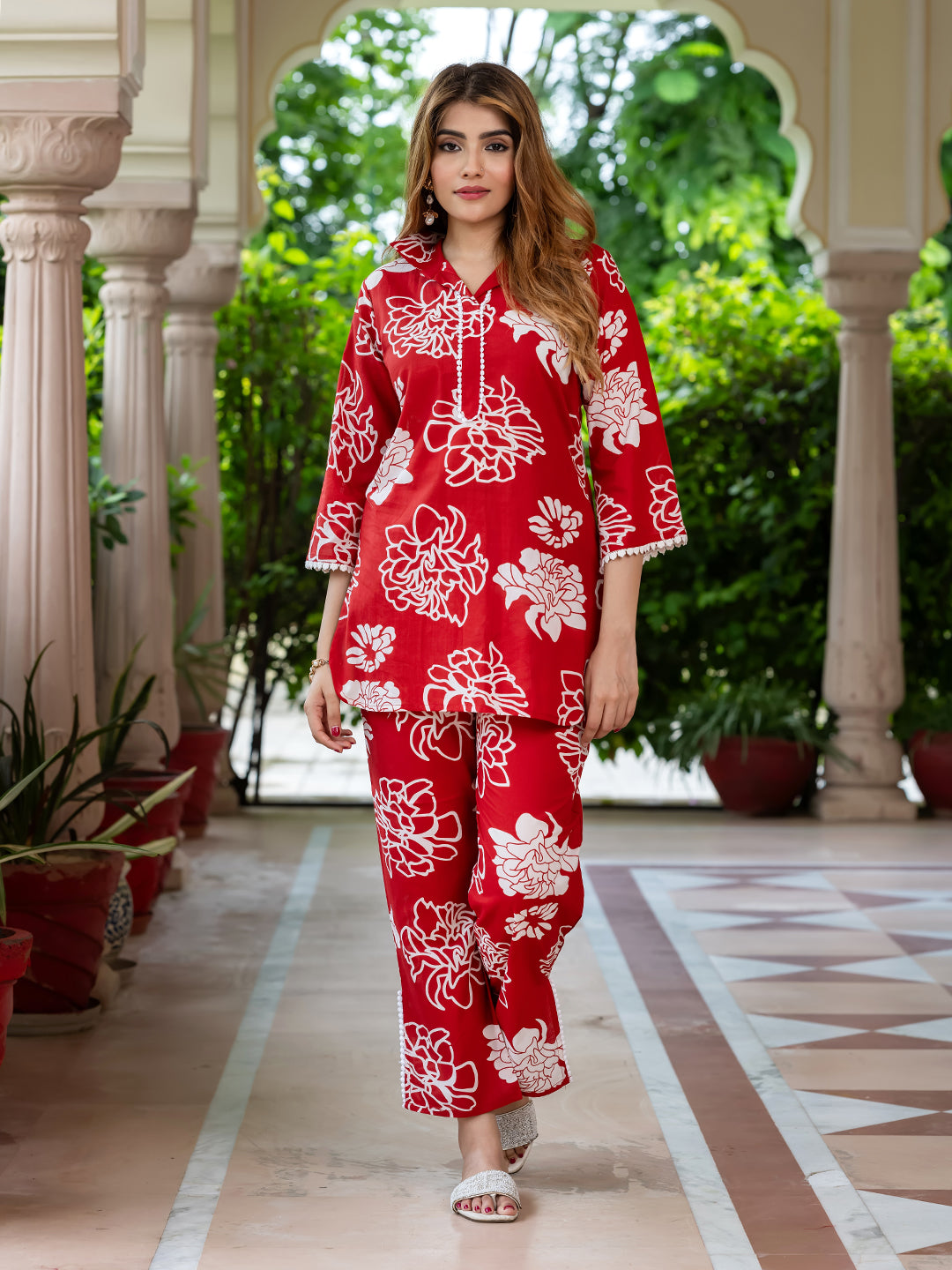 Jaitpuriya Women Red Pure Cotton Top Co-ord set