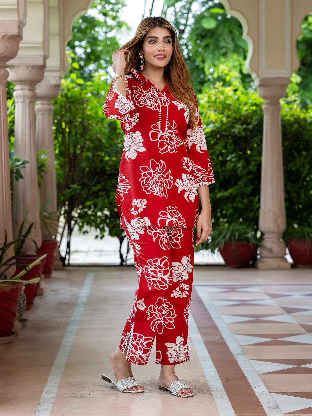 Jaitpuriya Women Red Pure Cotton Top Co-ord set