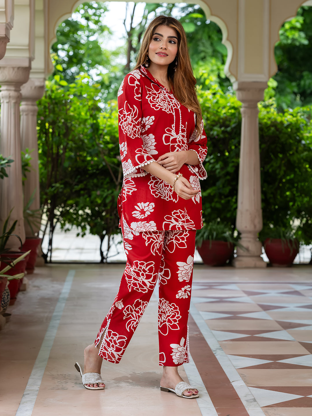 Jaitpuriya Women Red Pure Cotton Top Co-ord set