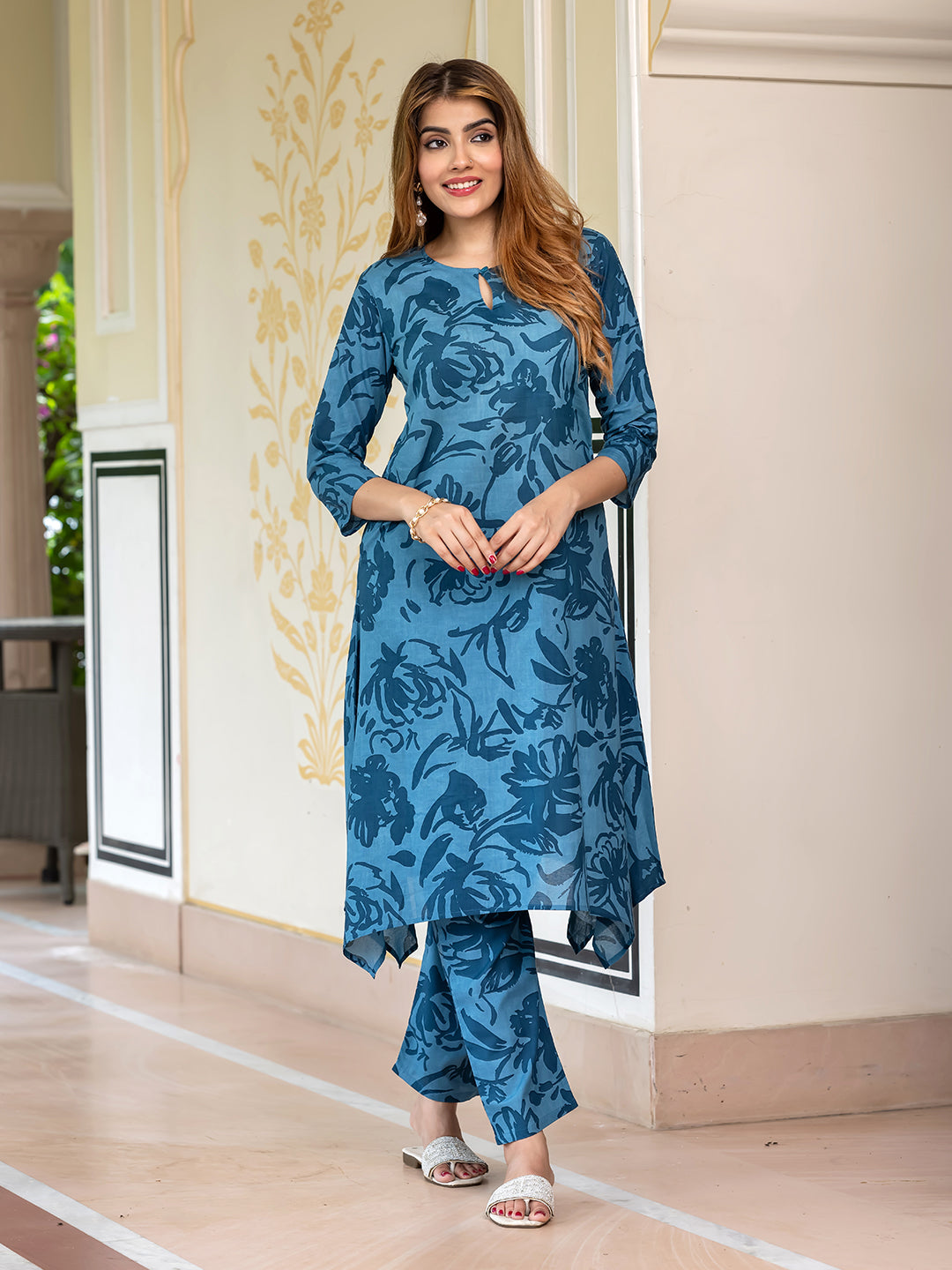 Jaitpuriya Women Teal Blue Pure Cotton Tunic Co-ord set