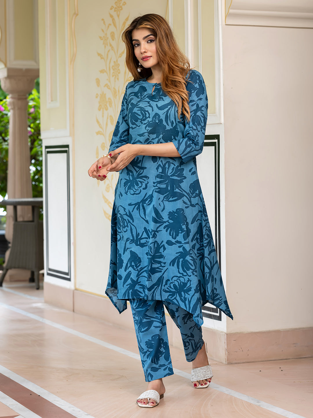 Jaitpuriya Women Teal Blue Pure Cotton Tunic Co-ord set