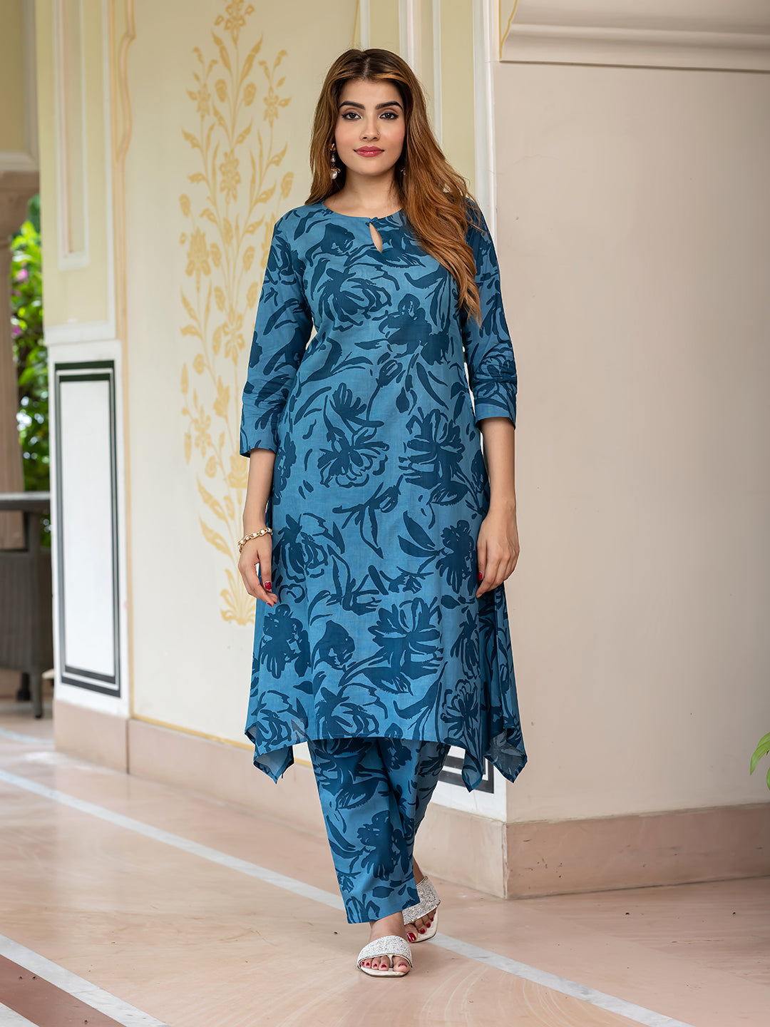 Jaitpuriya Women Teal Blue Pure Cotton Tunic Co-ord set