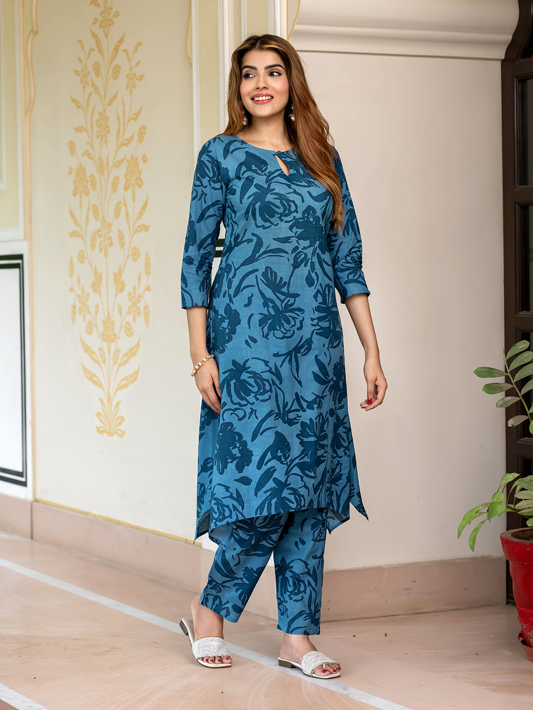 Jaitpuriya Women Teal Blue Pure Cotton Tunic Co-ord set