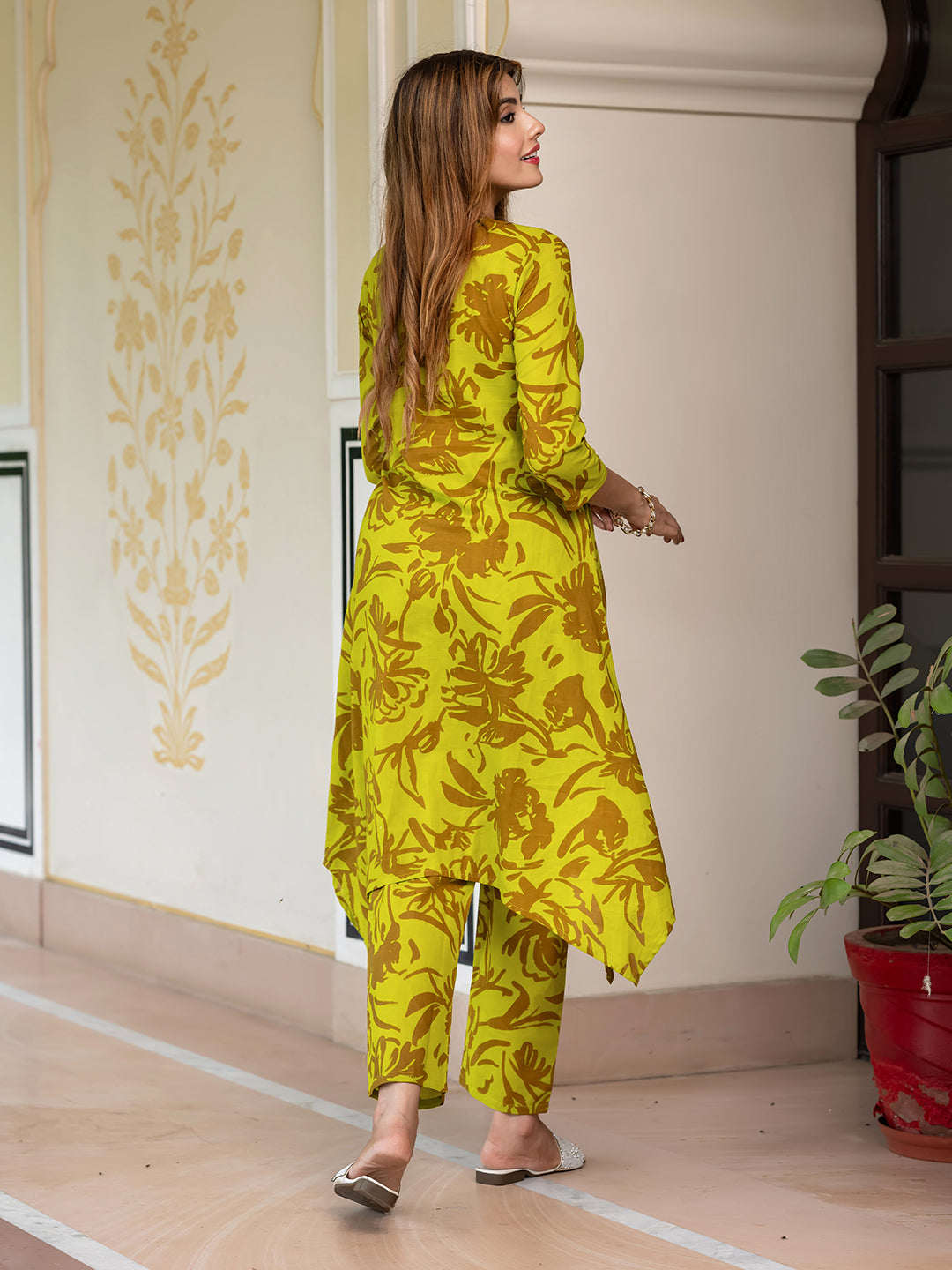 Jaitpuriya Women Lime Green Pure Cotton Tunic Co-ord set