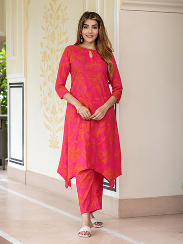 Jaitpuriya Women Pink And Red Pure Cotton Tunic Co-ord set
