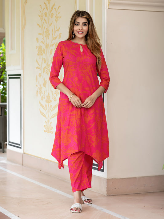 Jaitpuriya Women Pink And Red Pure Cotton Tunic Co-ord set