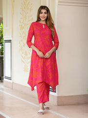 Jaitpuriya Women Pink And Red Pure Cotton Tunic Co-ord set