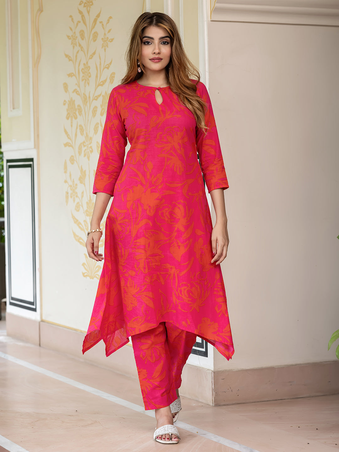 Jaitpuriya Women Pink And Red Pure Cotton Tunic Co-ord set