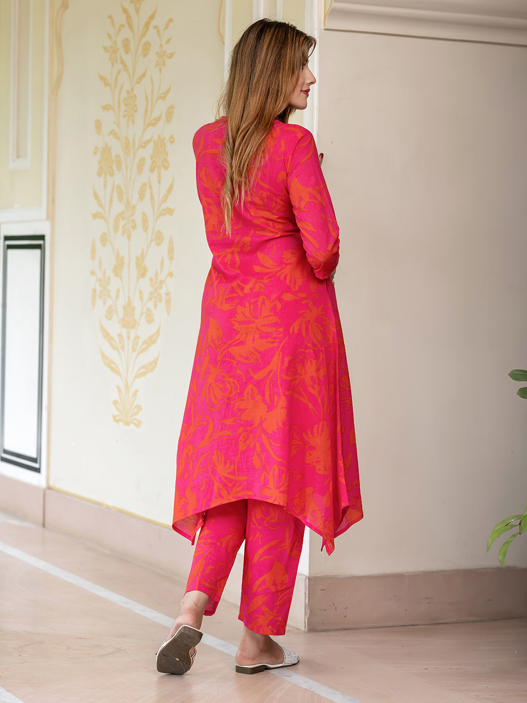 Jaitpuriya Women Pink And Red Pure Cotton Tunic Co-ord set
