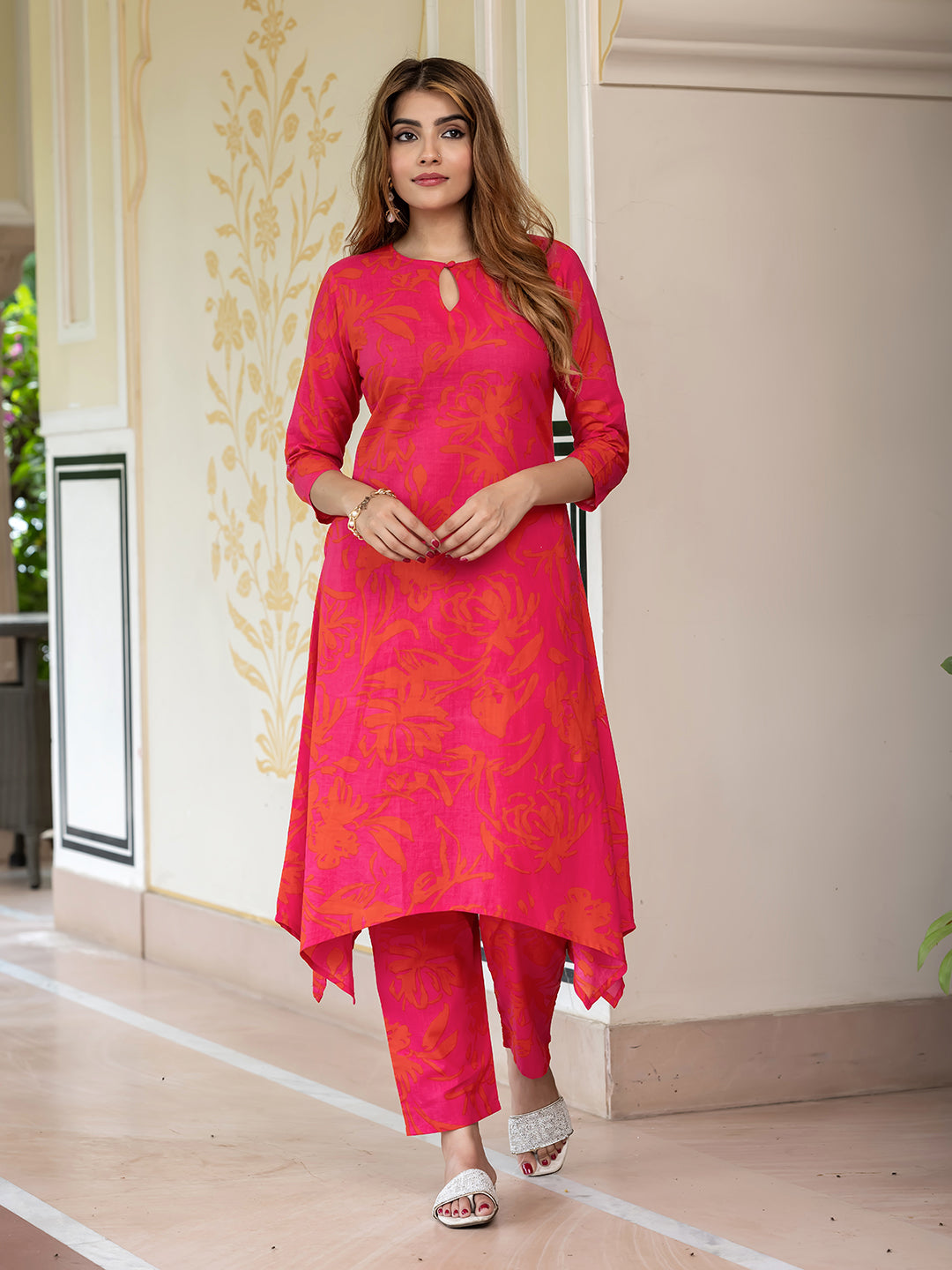 Jaitpuriya Women Pink And Red Pure Cotton Tunic Co-ord set