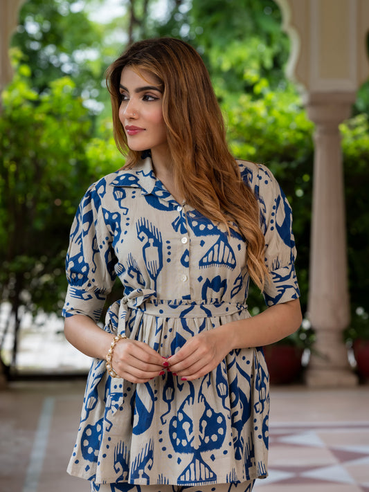 Jaitpuriya Women Blue And Cream Pure Cotton Top Co-ord set