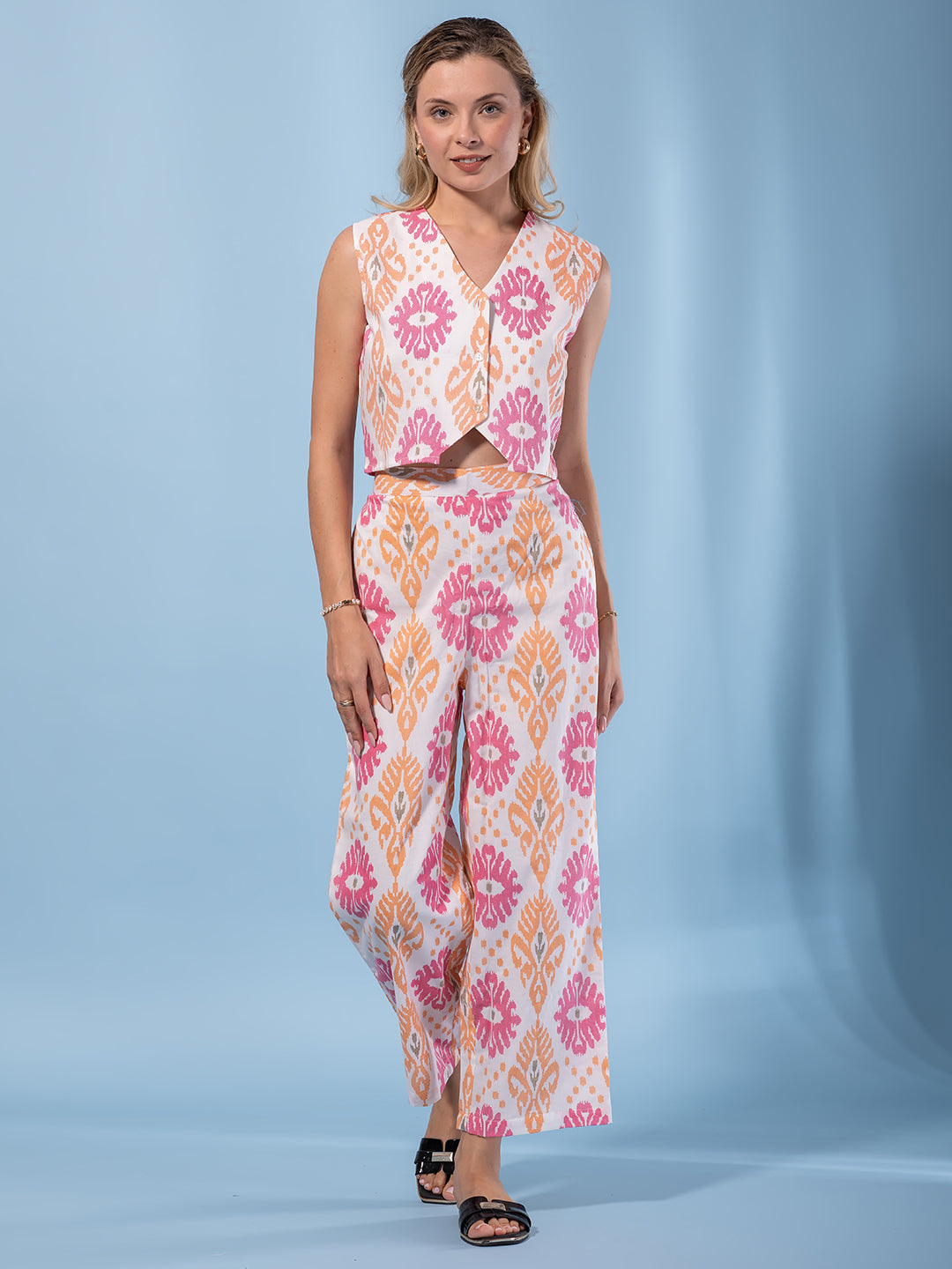 Jaitpuriya Women Orange And Cream Pure Cotton Waistcoat Co-ord set