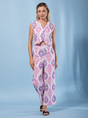 Jaitpuriya Women Purple And Cream Pure Cotton Waistcoat Co-ord set