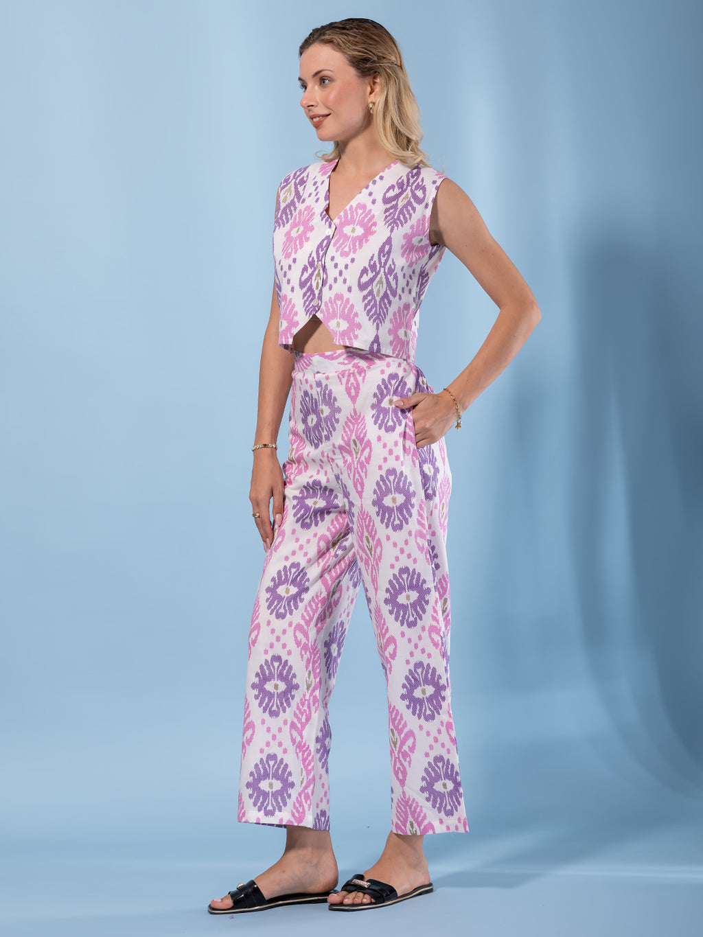 Jaitpuriya Women Purple And Cream Pure Cotton Waistcoat Co-ord set