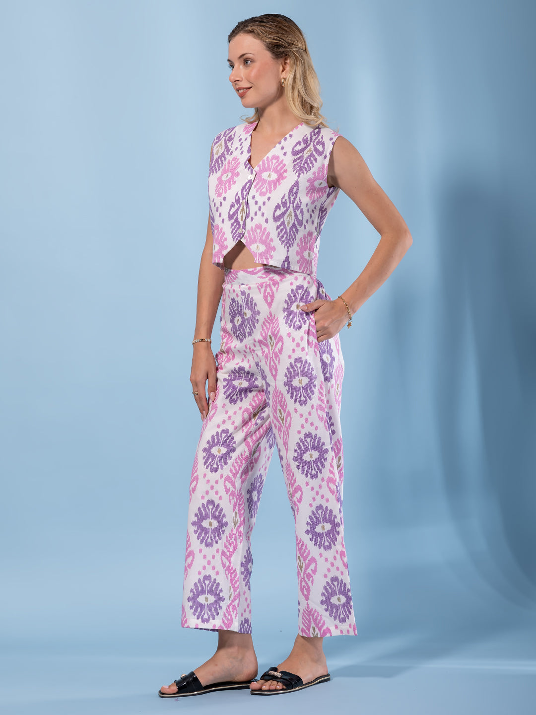 Jaitpuriya Women Purple And Cream Pure Cotton Waistcoat Co-ord set