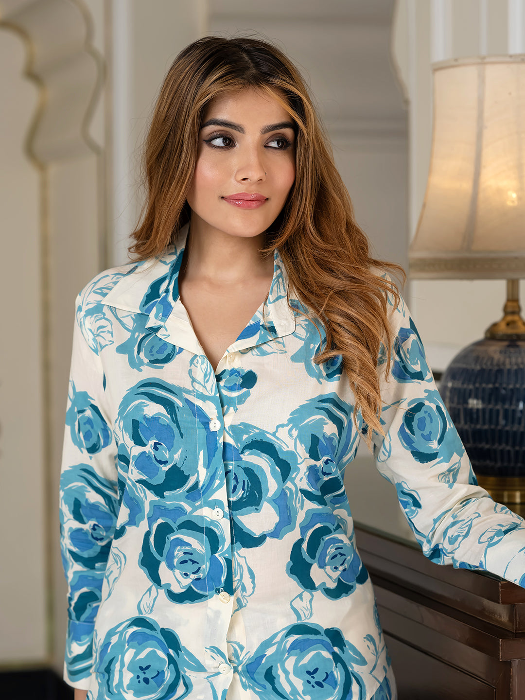 Jaitpuriya Women Blue Pure Cotton Shirt Co-ord set