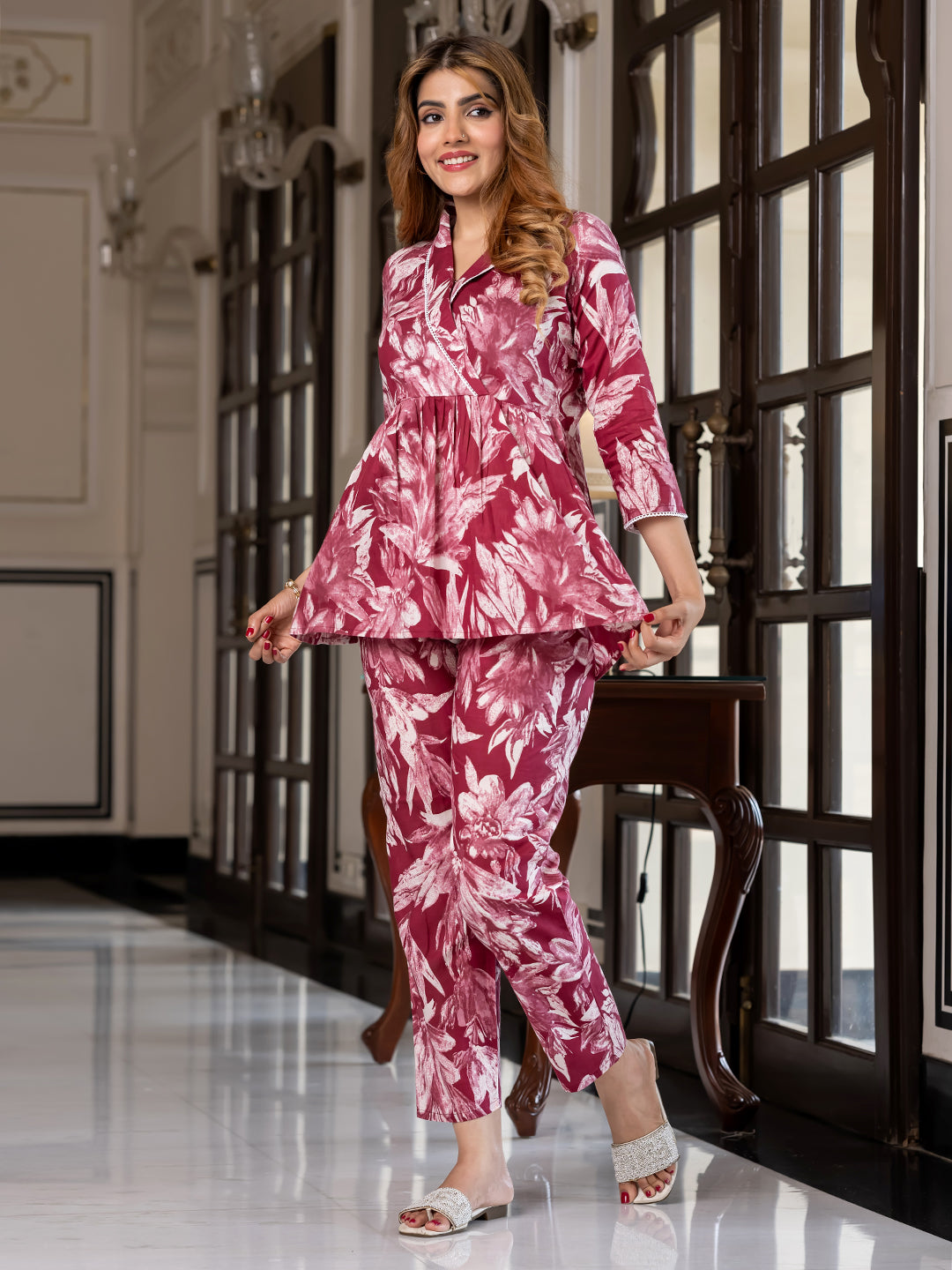 Jaitpuriya Women Burgundy Pure Cotton Top Co-ord set