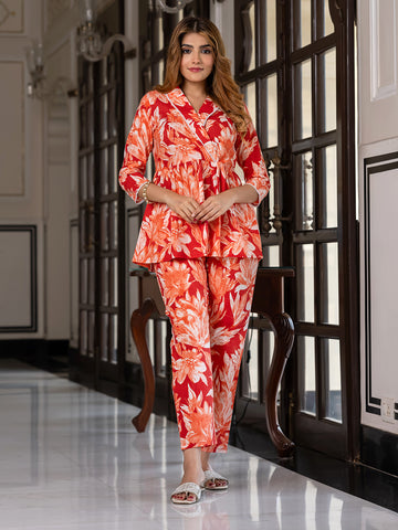 Jaitpuriya Women Red Pure Cotton Top Co-ord set