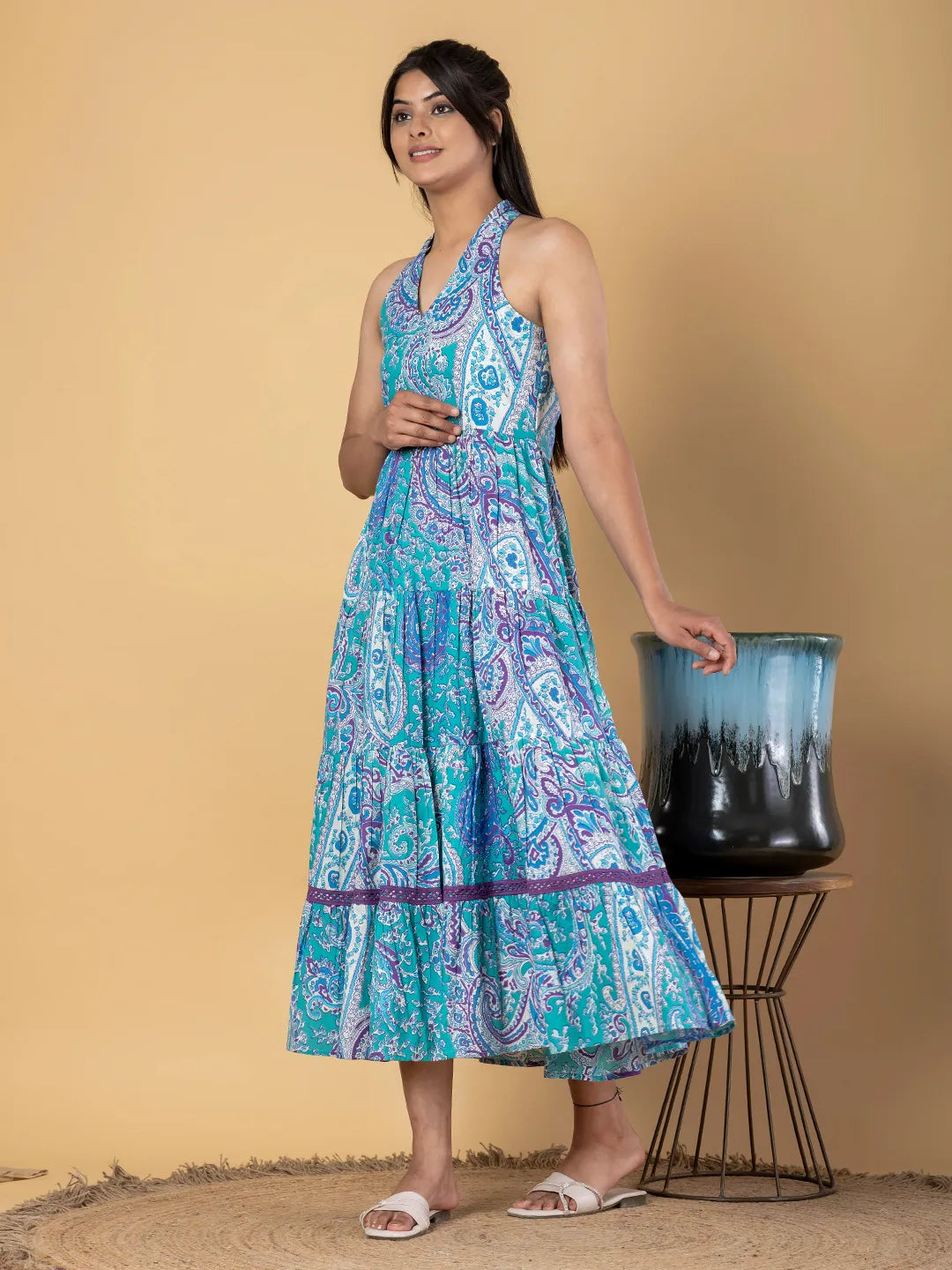Jaitpuriya Women Turquoise Cotton fit & flare Dresses
