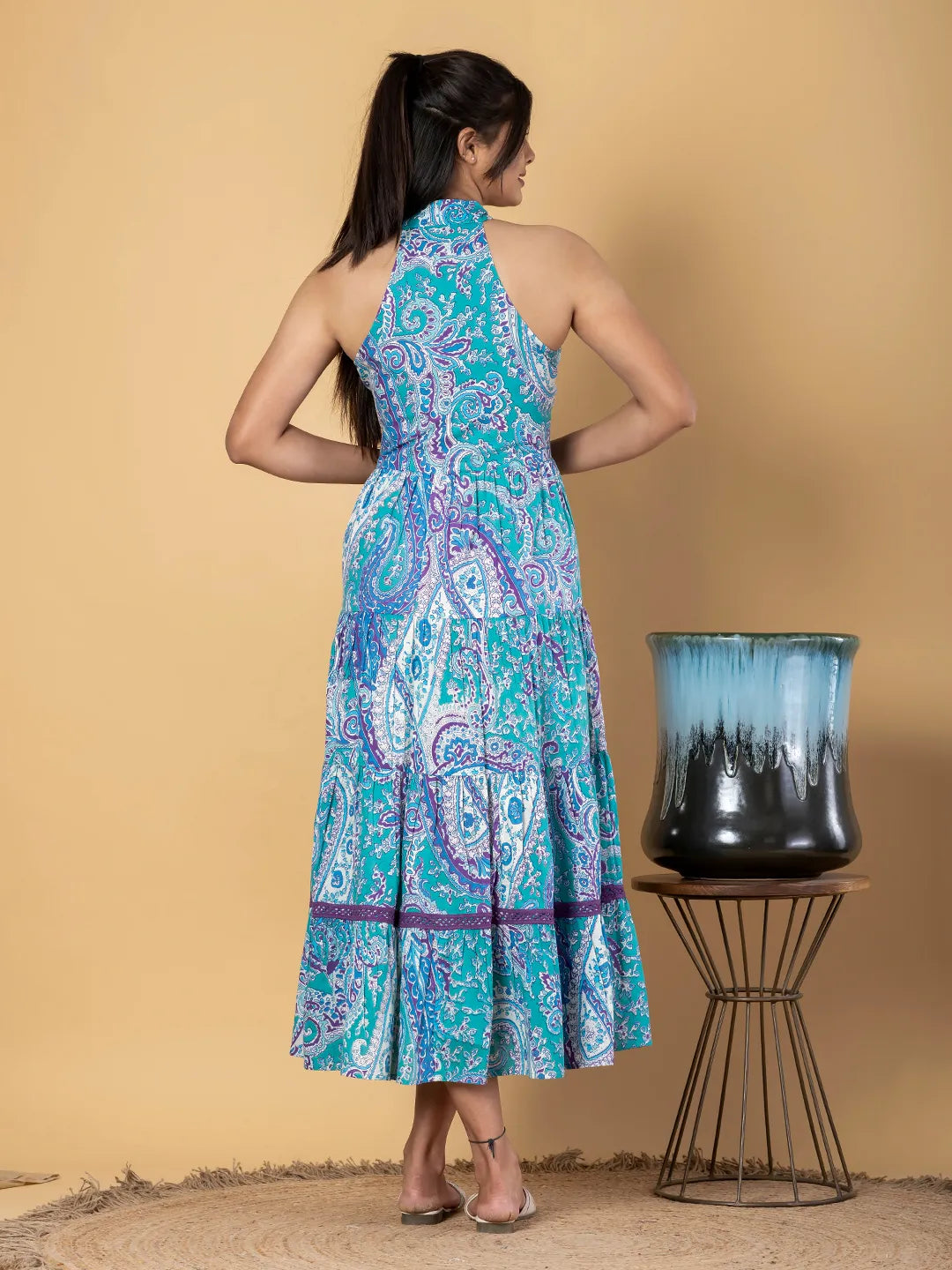 Jaitpuriya Women Turquoise Cotton fit & flare Dresses