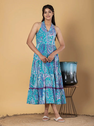Jaitpuriya Women Turquoise Cotton fit & flare Dresses
