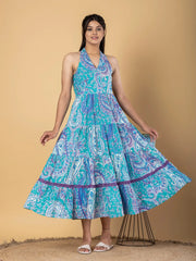 Jaitpuriya Women Turquoise Cotton fit & flare Dresses