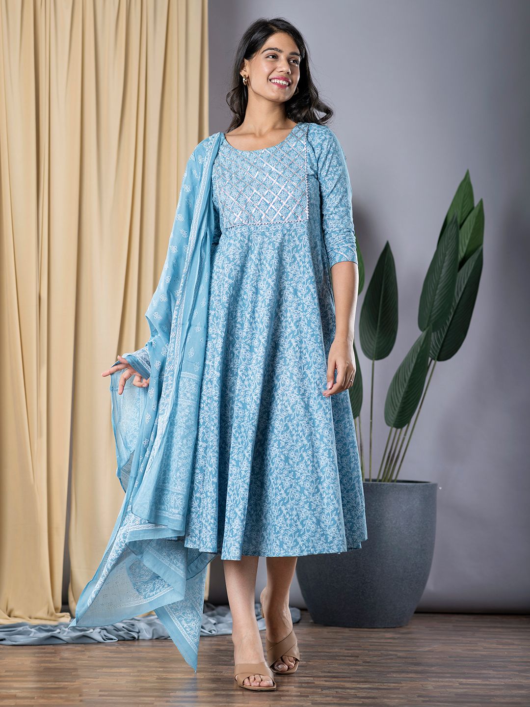 Sky Blue fit & flare Dress And Dupatta