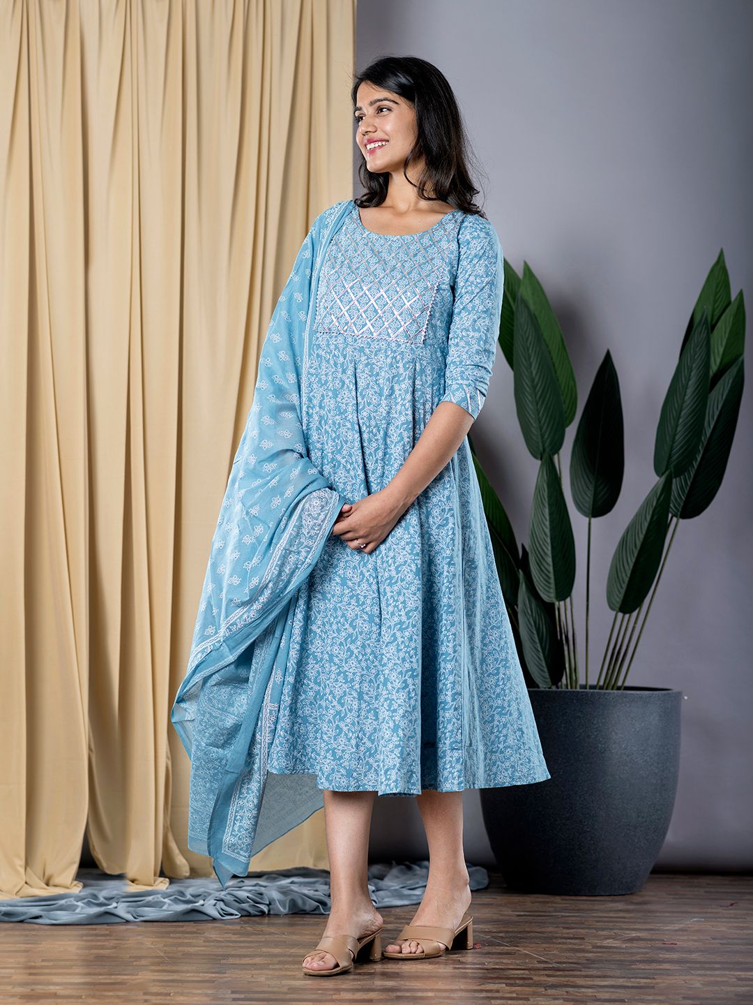 Sky Blue fit & flare Dress And Dupatta