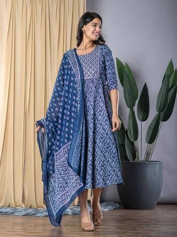 Navy Blue fit & flare Dress And Dupatta