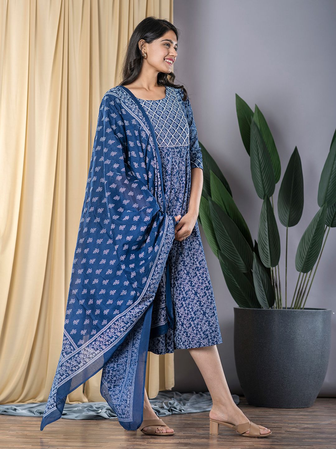 Navy Blue fit & flare Dress And Dupatta