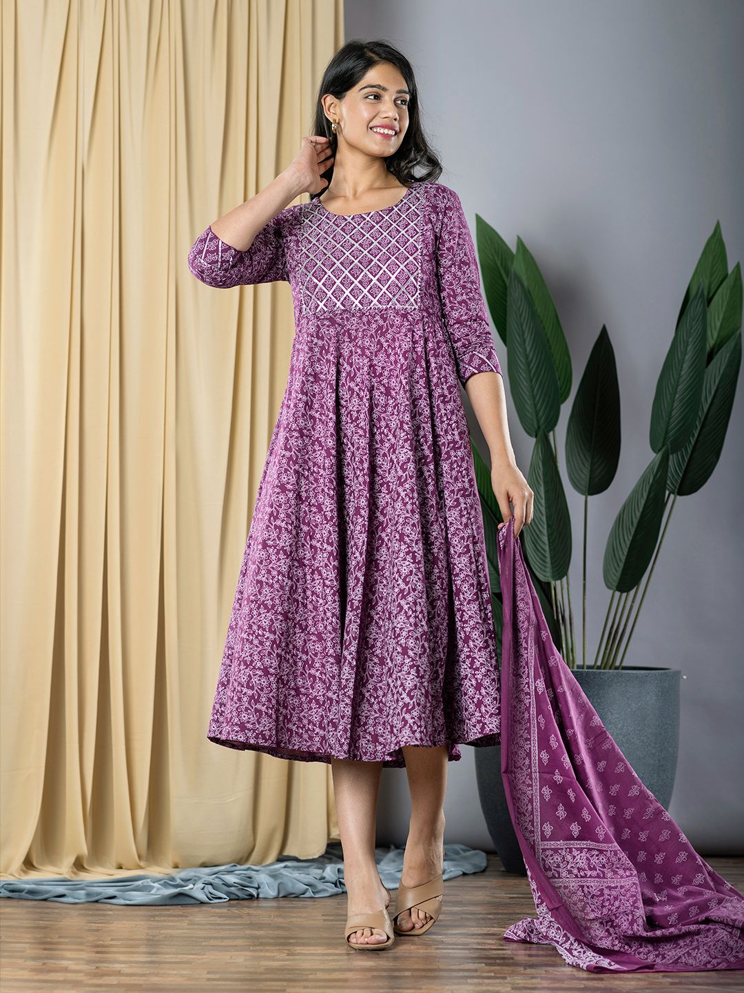 Purple fit & flare Dress And Dupatta