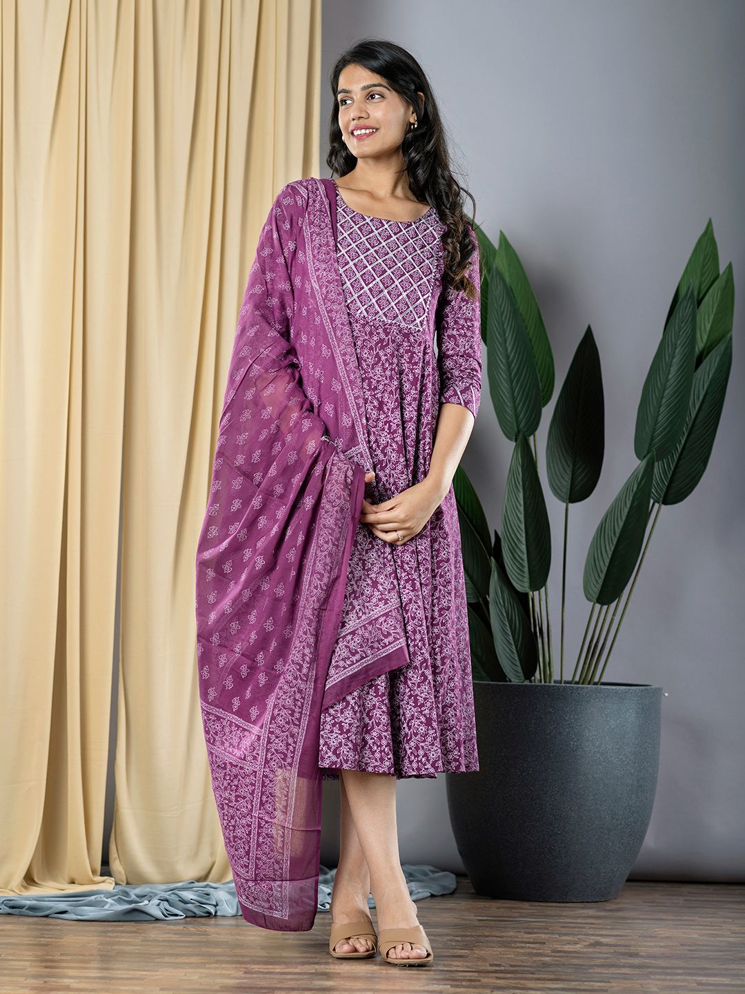 Purple fit & flare Dress And Dupatta