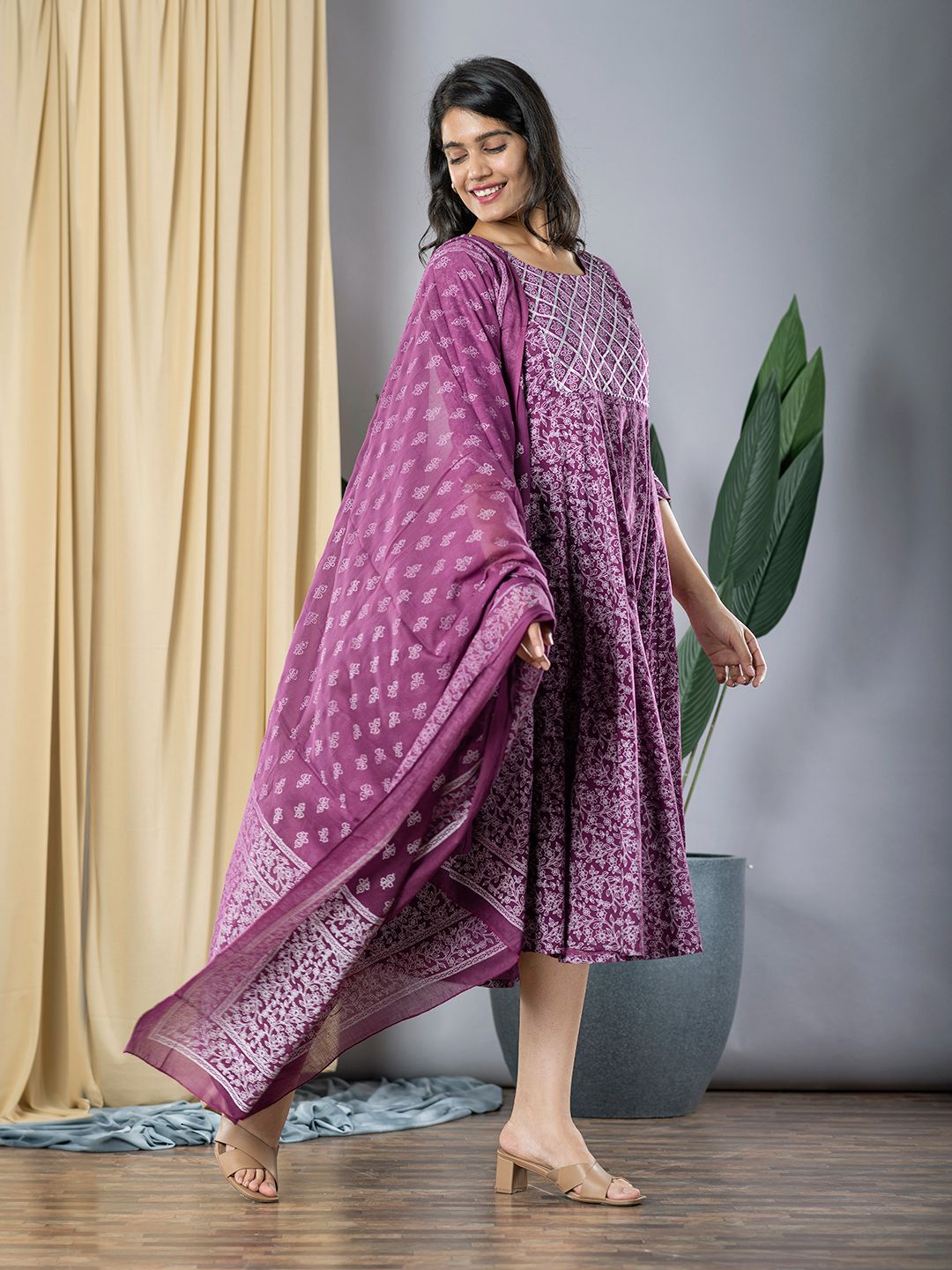 Purple fit & flare Dress And Dupatta